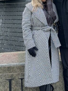 Express Chevron Belted Long Coat in Black and White